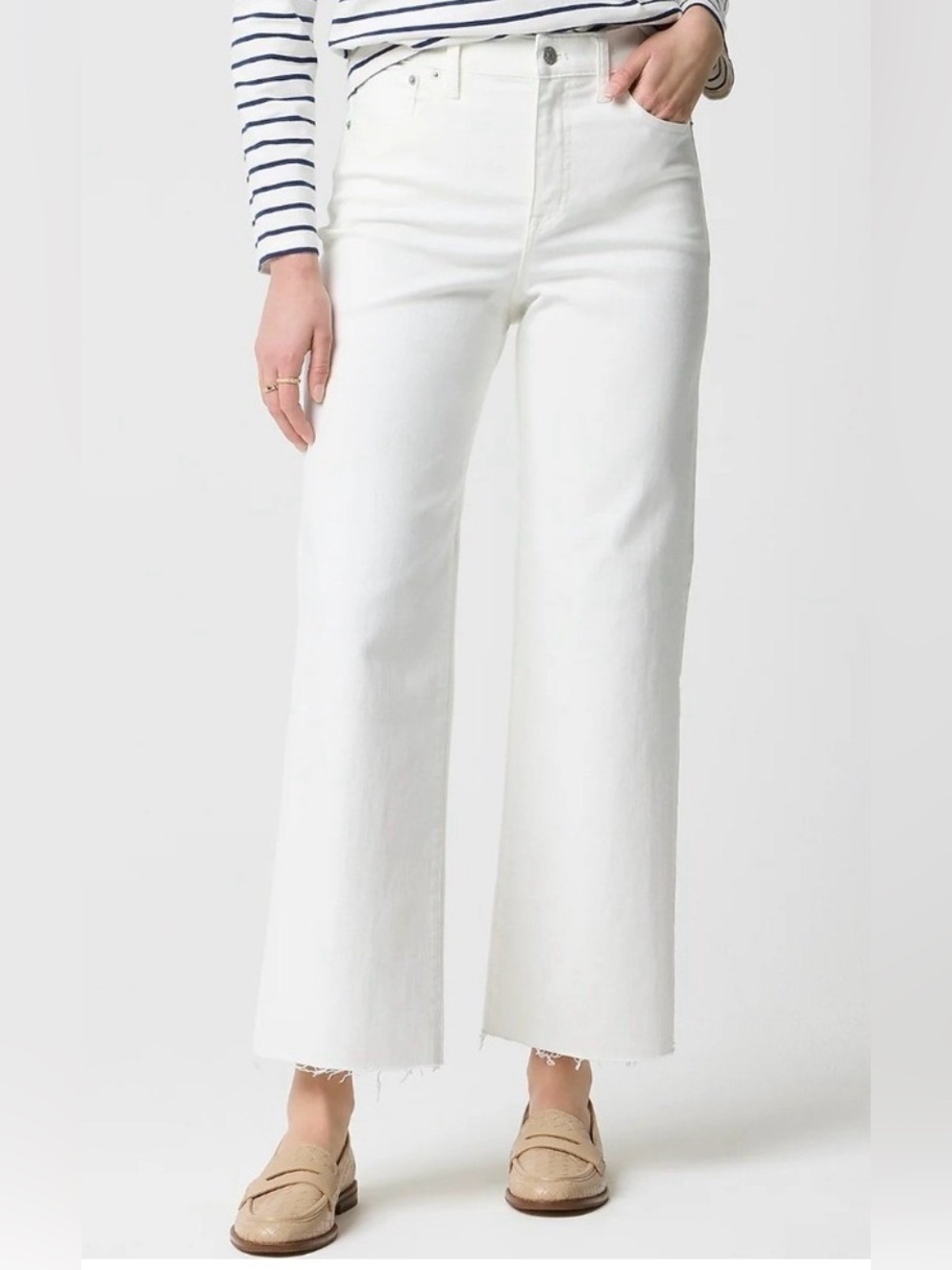 J Crew Wide Leg Crop White Jeans Size 31 (12) Raw Hem Coastal Chic Resortwear